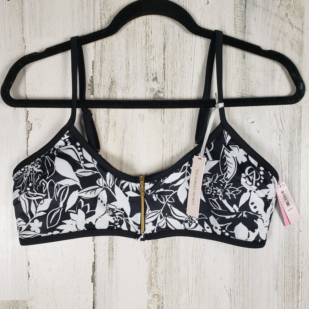 NWT Victoria's Secret Black White Palm Iconic Scoop Bikini Top Women's Size XL